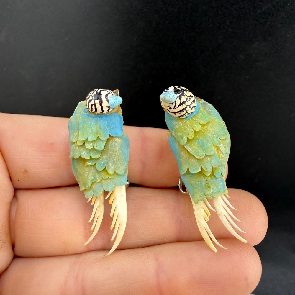Vintage Parakeet Bird Clip On Earrings Blue Green Yellow Figural READ